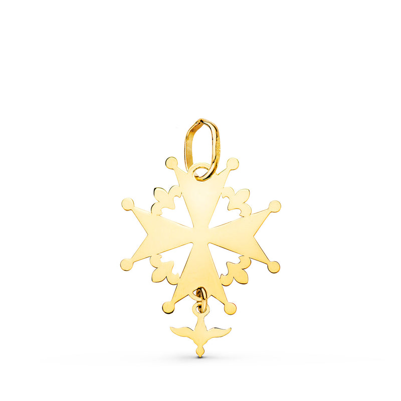 18K Yellow Gold Huguenotte Cross With Dove In Shine. 21x16mm