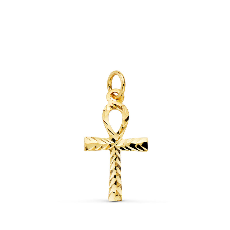 18K Yellow Gold Carved Cross of Life. 17 x 9.5mm