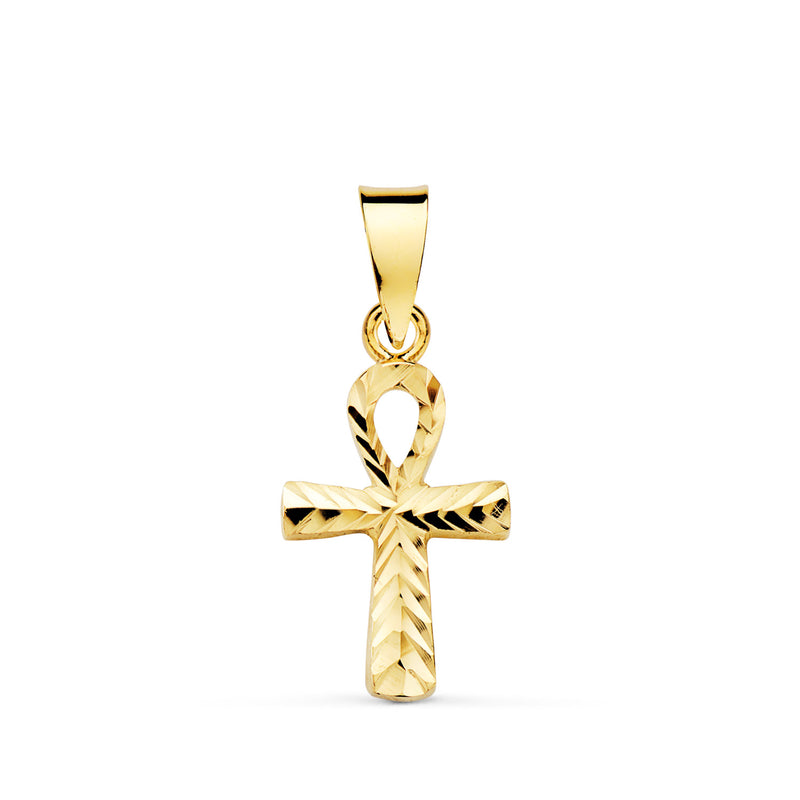 Croix de vie sculptée en or jaune 18 carats. 16x9mm