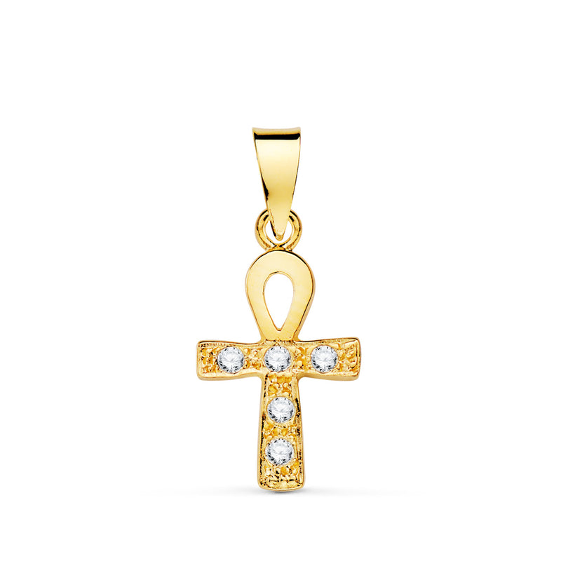 18K Yellow Gold Cross of Life with White Zircons. 14x10mm