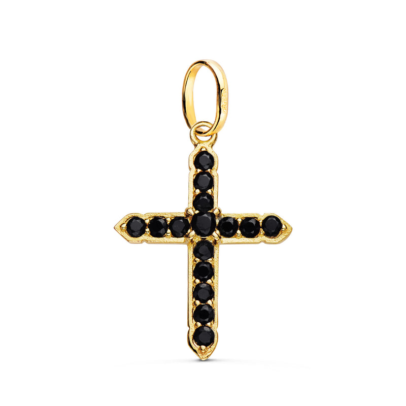 18K Yellow Gold Cross With 15 Black Zircons In Claws. 24x18mm