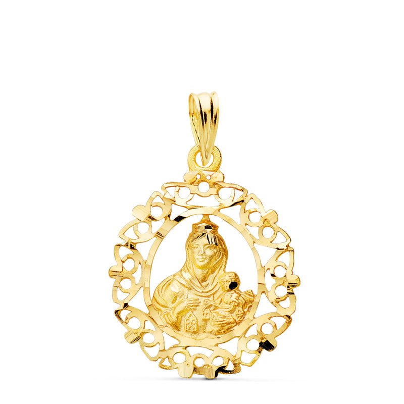 Médaille En Or Jaune 18 Carats Virgen Del Carmen Bordure Sculptée 25 x 20 mm