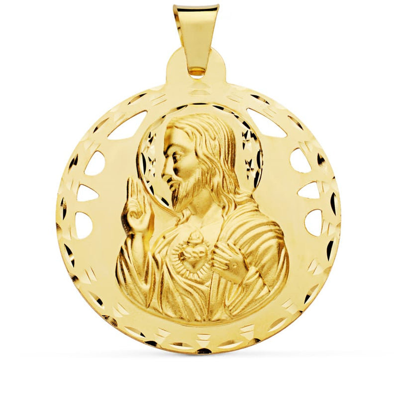 18K Medalla Cristo Sagrado Corazon De Jesus Calado Y Tallado 42 mm