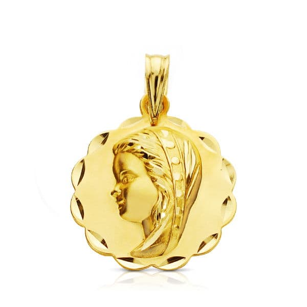 18K Yellow Gold Medal Virgin Girl Carved 16 Mm