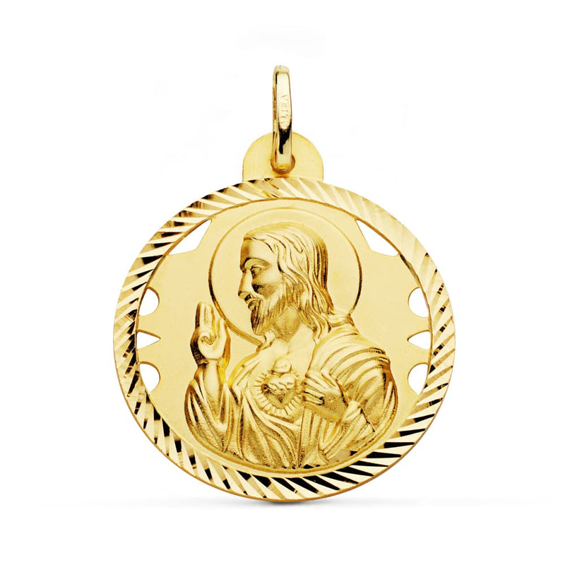 18K Medalla Cristo Sagrado Corazon De Jesus Calado Cerco Helice Tallado 28 mm
