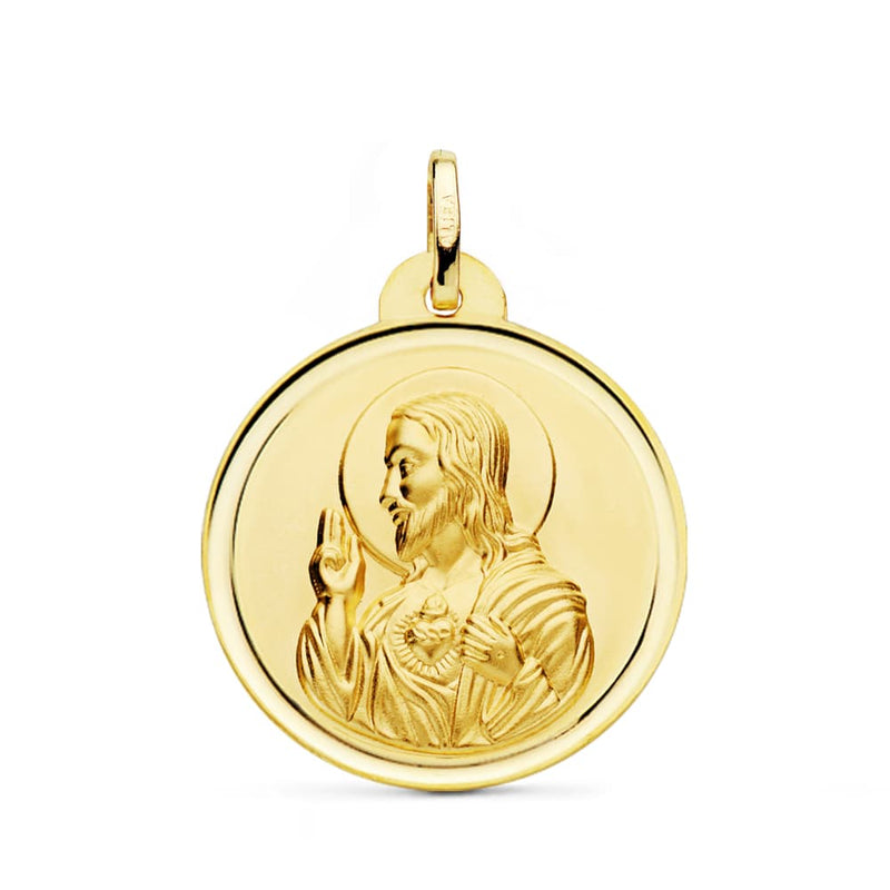 18K Medalla Cristo Sagrado Corazon De Jesus Bisel 26 mm