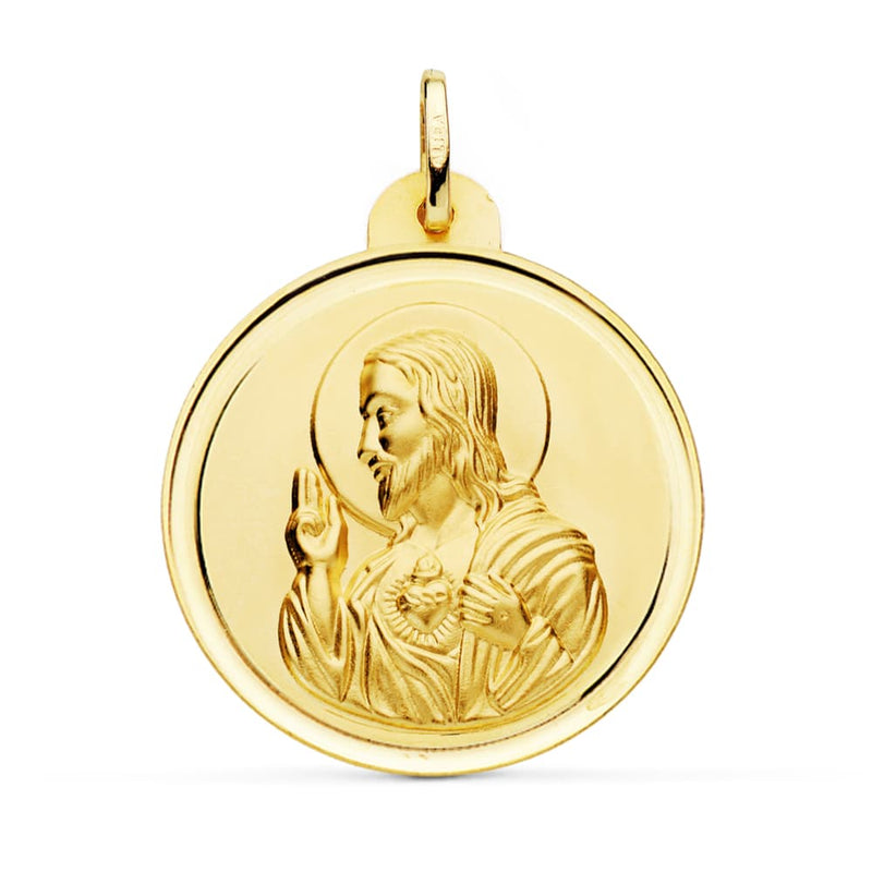 18K Medalla Cristo Sagrado Corazon De Jesus Bisel 30 mm