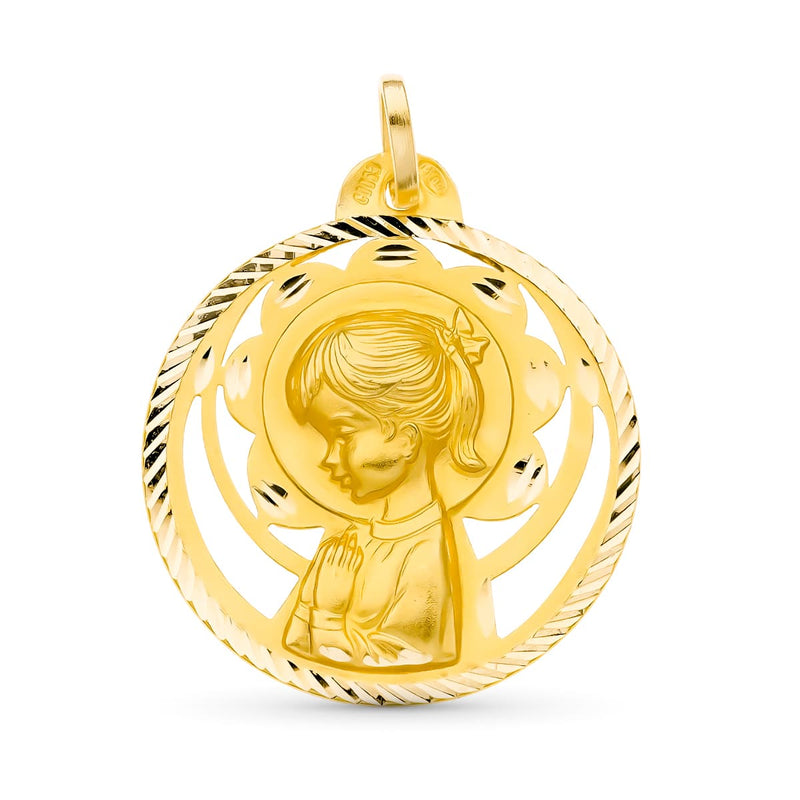 18K Medalla Oro Amarillo Virgen Niña Calada 26 mm