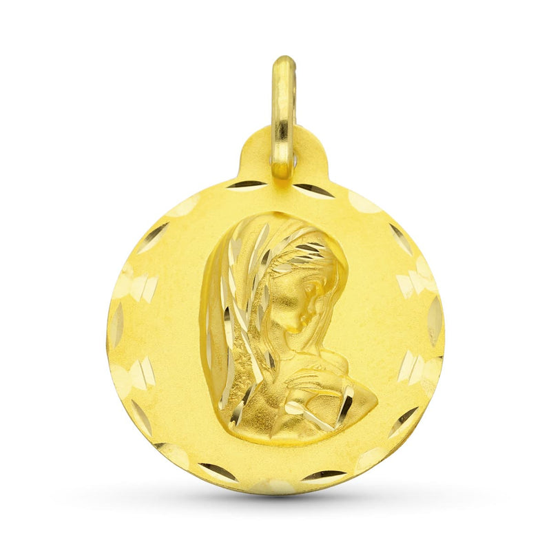 18K Yellow Gold Carved Virgin Girl Medal 22 mm