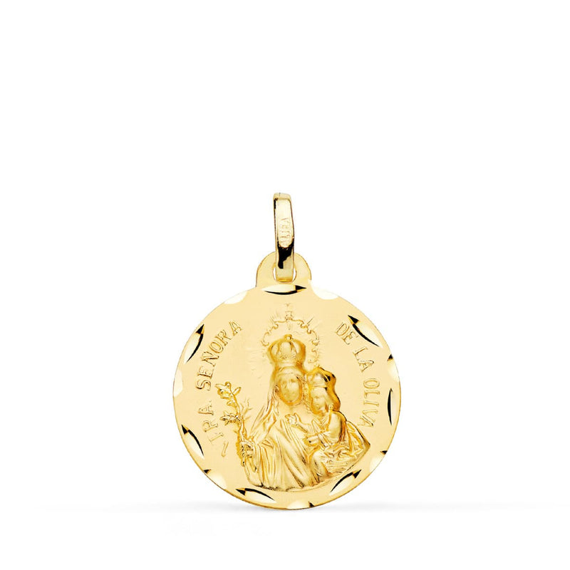 18K Yellow Gold Virgin of La Oliva Medal Carved 18 mm