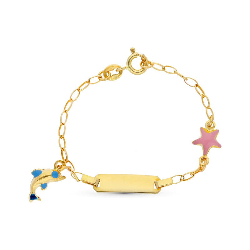 18K Yellow Gold Dolphin and Star Enamel Bracelet 13 cm