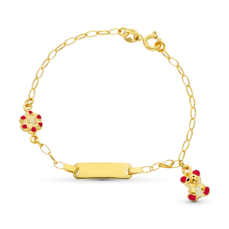 18K Yellow Gold Bangle Bear and Enamel Flower 13 cm