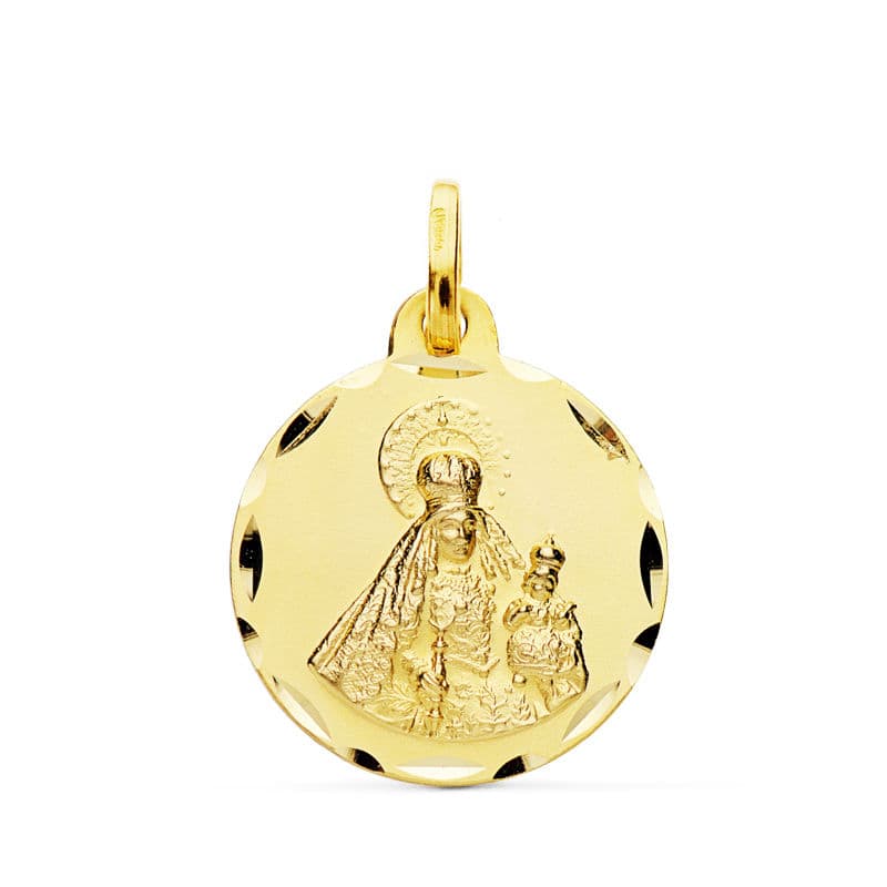 18K Yellow Gold Virgin of the Rosary Medal Carved 18 mm
