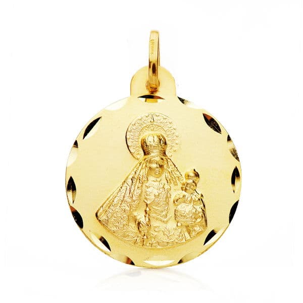 18K Virgin of the Rosary Medal Carved 22 mm