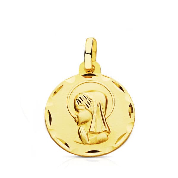 9K Yellow Gold Virgin Girl Medal Carved 16 mm