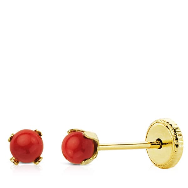 18K Yellow Gold Earrings 4 Prongs 3mm Coral. Nut Closure