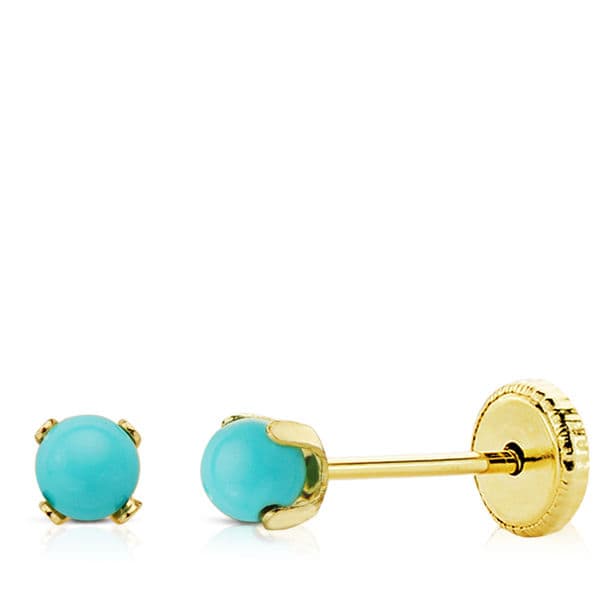 18K Yellow Gold Earrings 4 Prongs 3mm Turquoise. Nut Closure