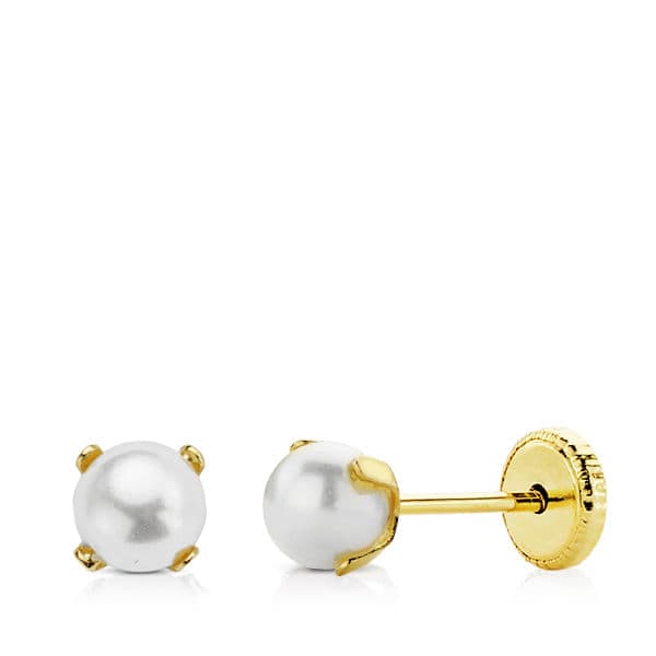 18K Yellow Gold Earrings 4 Prongs 4mm Pearl. Nut Closure