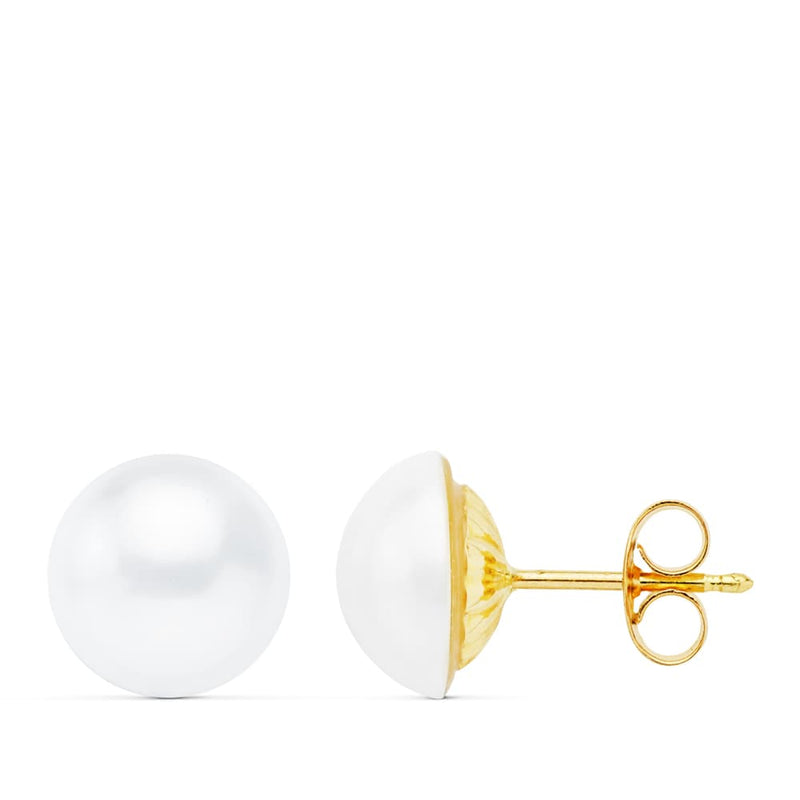 18K Yellow Gold Earrings Japanese Pearl 9 mm Pressure Closure