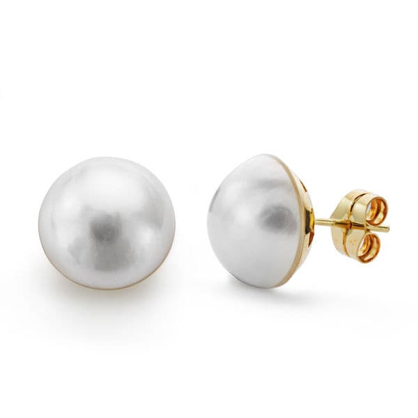 18K Yellow Gold Earrings Australian Pearl 13-14 mm Pressure Closure