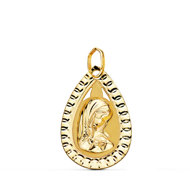 9K Yellow Gold Medal Drop With Virgin Girl and Carved Edge 20x13 mm