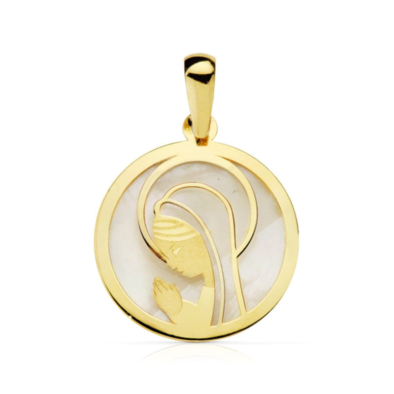 9K Medalla Oro Amarillo Virgen Niña Con Nacar 13 Mm