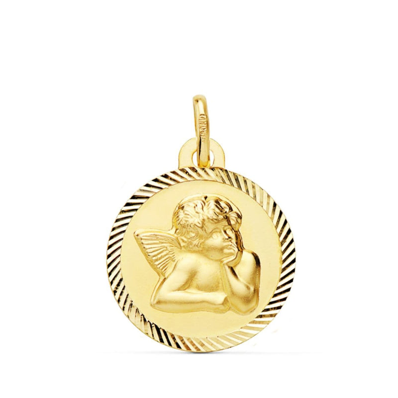 Médaille ronde Ange Burlon en or jaune 9 carats sculptée 16 mm