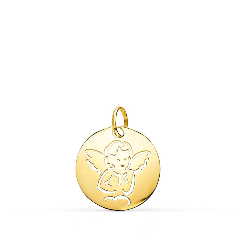 9K Medalla Angelito Oro Amarillo Redonda Calada Tumbo En Brillo 15 mm