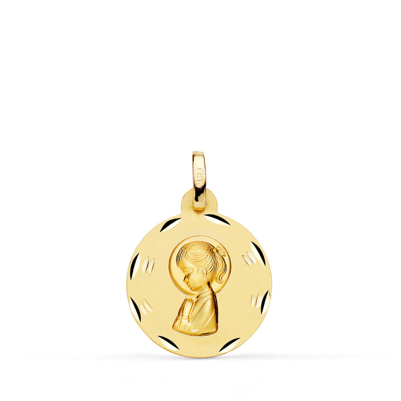 9K Medalla Oro Amarillo Virgen Niña Perfil Matizada Y Tallada 16 Mm