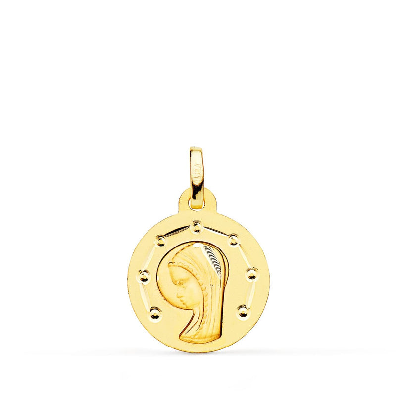 9K Medalla Oro Amarillo Virgen Niña Perfil Matizada Y Tallada 15 Mm