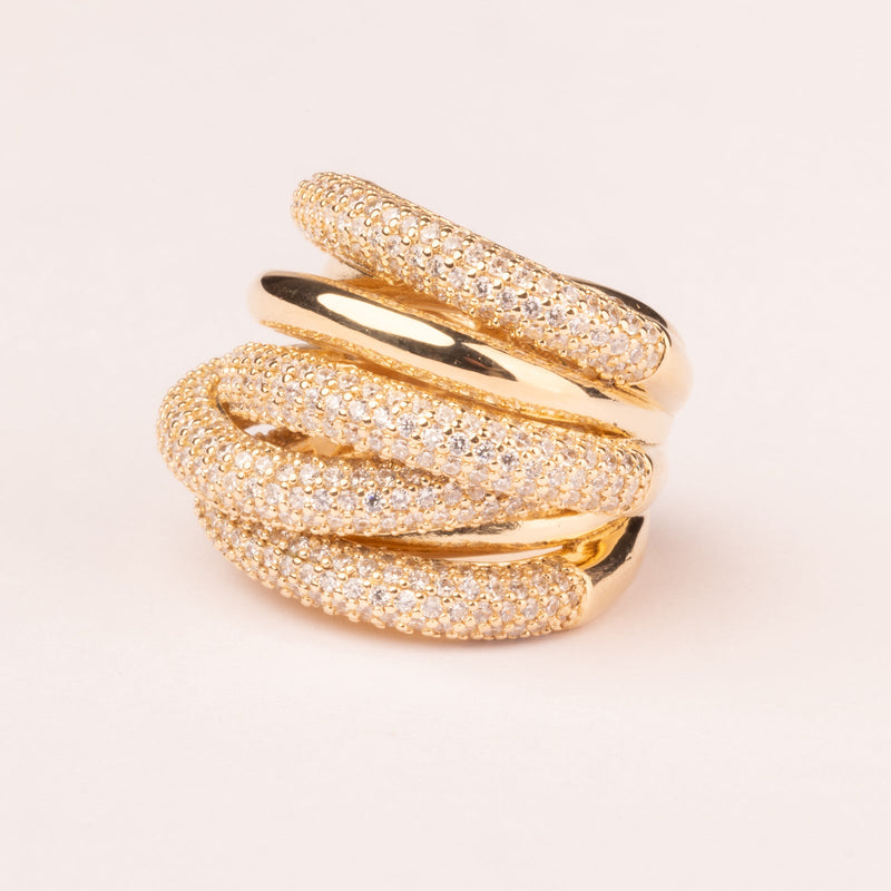 Ring with alternating pavé meshes, brilliant and smooth cut, 18k gold plated