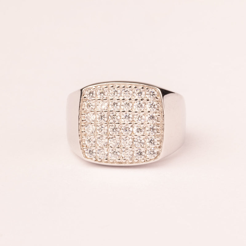 Square pavé chevalier ring with white zircons