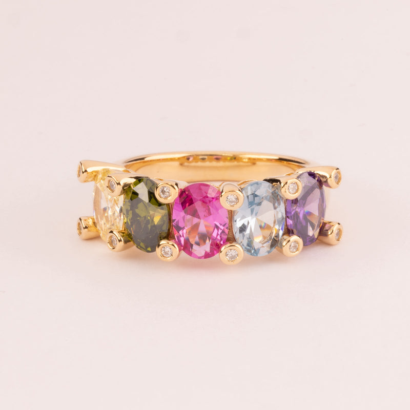 Half ring with multicolored oval zircons plated in 18k gold