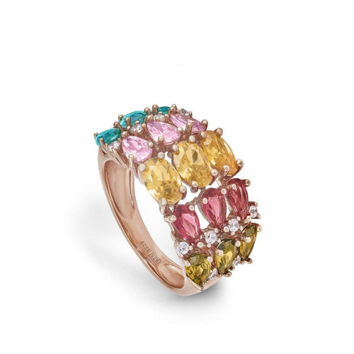 Anillo con piedras de colores y arco en tonos fríos