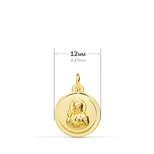 18K Escapulario Oro Amarillo Bisel Oro Amarillo Virgen Del Carmen Corazon De Jesus 12 mm