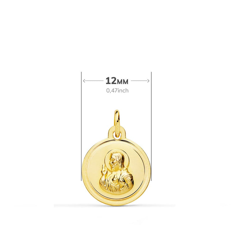 18K Escapulario Oro Amarillo Bisel Oro Amarillo Virgen Del Carmen Corazon De Jesus 12 mm