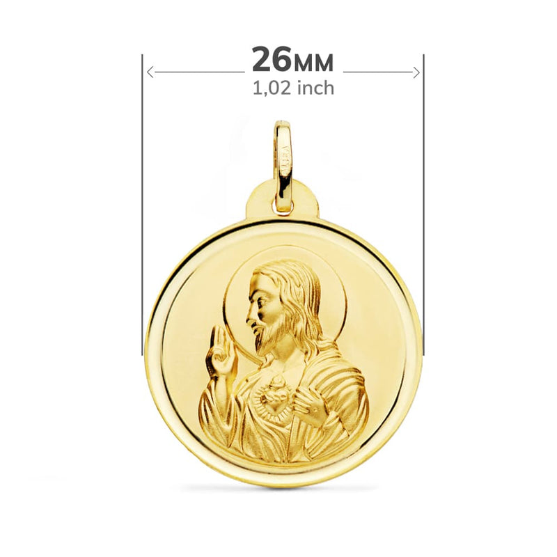 18K Escapulario Oro Amarillo Virgen Del Carmen Corazon De Jesus Bisel 26 mm