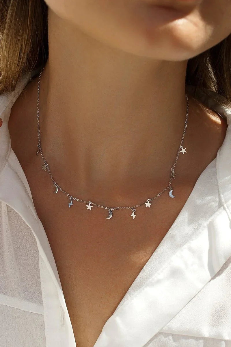 Collares con Colgantes Plata Diseño Astral de Luna Estrella Rayo