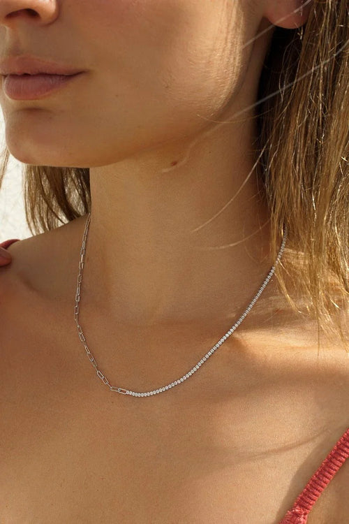 Short Silver Necklaces with Paper Clip Design and Zirconia