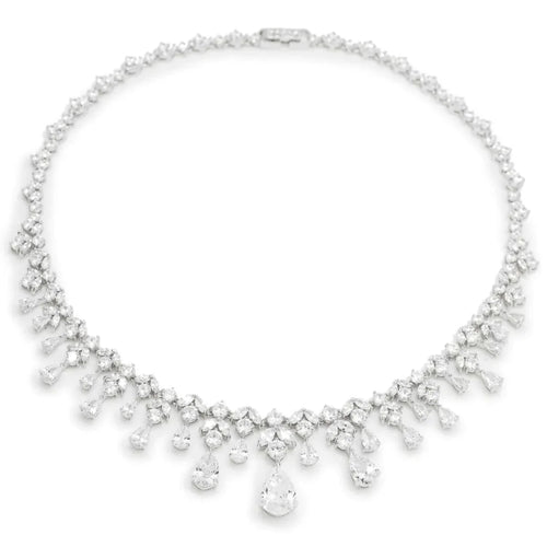 Rigid Silver Party Necklaces in Waterfall Style with Adamantine Quartz and Zirconia