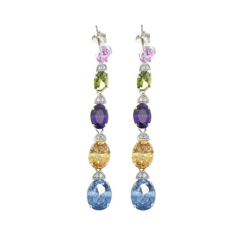 Long Silver Earrings Multicolor Zirconia 7 cm