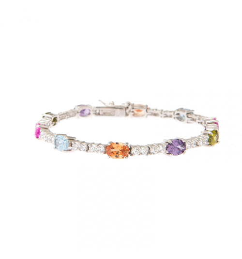 Silver Bracelet with Alternating Multicolor Oval Zirconia