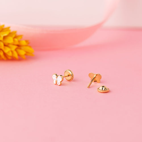 18K Pendientes Oro Amarillo Mariposa Esmalte 6 Alianzas 4,5 Mm Cierre Tuerca