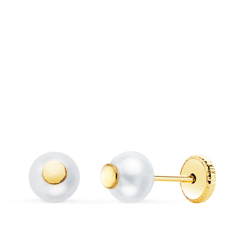 18K Yellow Gold Earrings Pearls With Round Motif. Width: 5 mm. Nut Closure