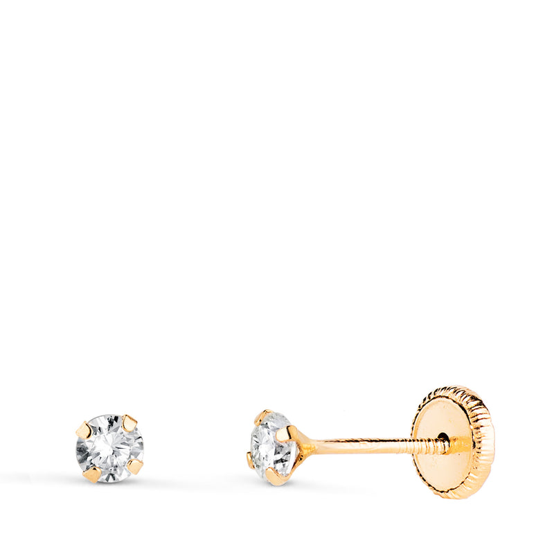 18K Yellow Gold 4 Claw Earrings With Zirconia. Width: 3 Mm Nut Closure