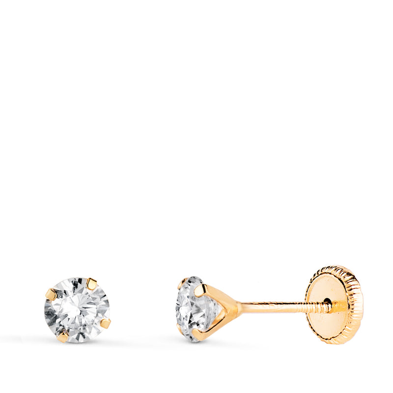 18K Yellow Gold 4-Claw Earrings with Zirconia. Width: 4 mm Nut Closure