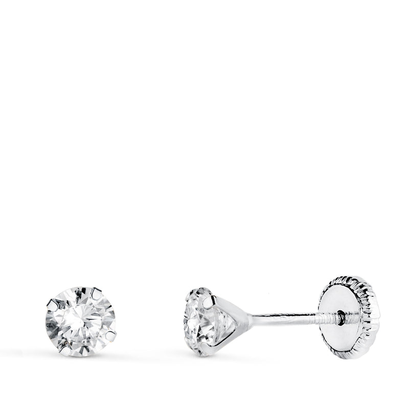 18K White Gold 4-Claw Earrings with Zirconia. Width: 4 mm Nut Closure