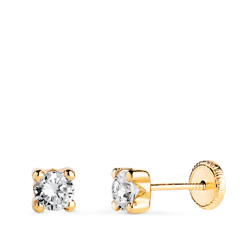 18K Yellow Gold Earrings 4mm Zirconia With 4 Claws. Width: 4.5 mm. Nut Closure