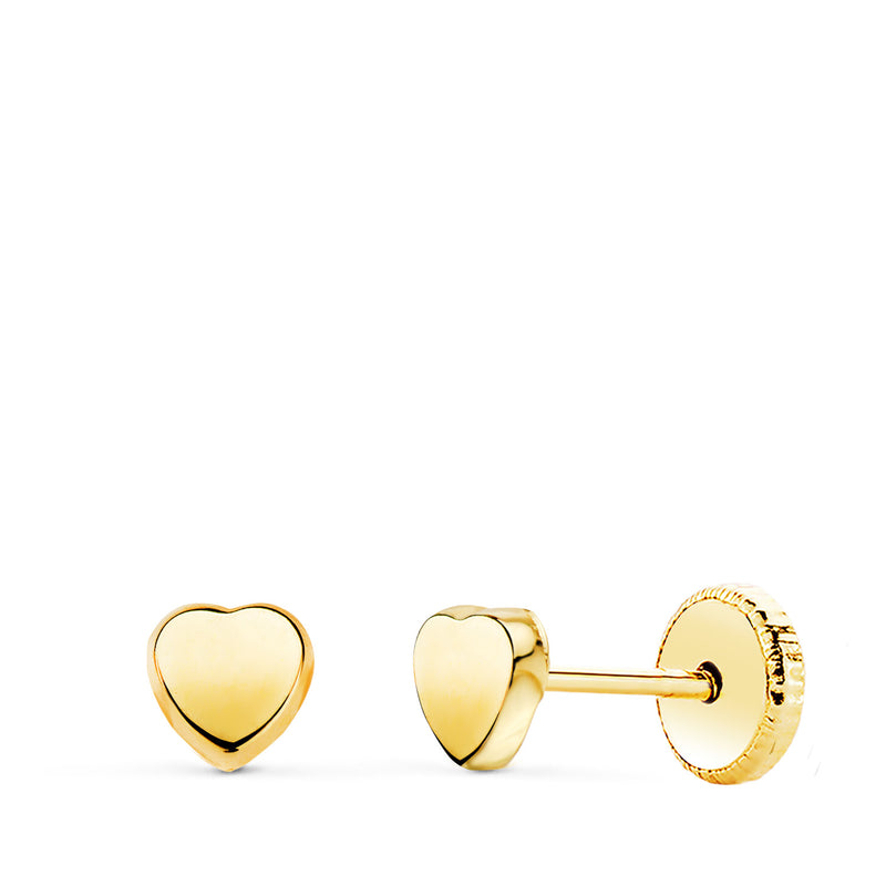 18K Yellow Gold Smooth Shiny Heart Earrings 4x4 mm. Nut Closure