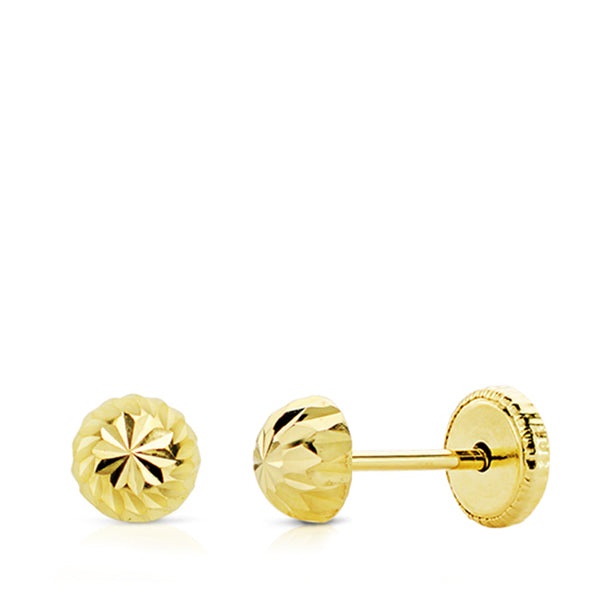 18K Yellow Gold Earrings Half Carved Ball 4mm. Nut Closure